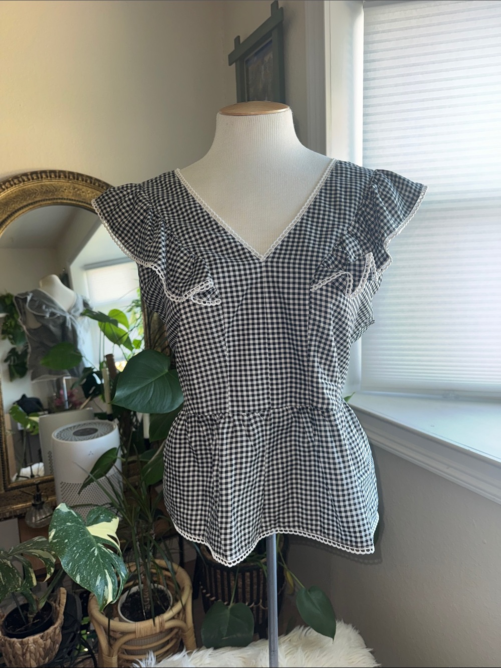 Nanette Lepore Black Gingham Ruffle Peplum Top